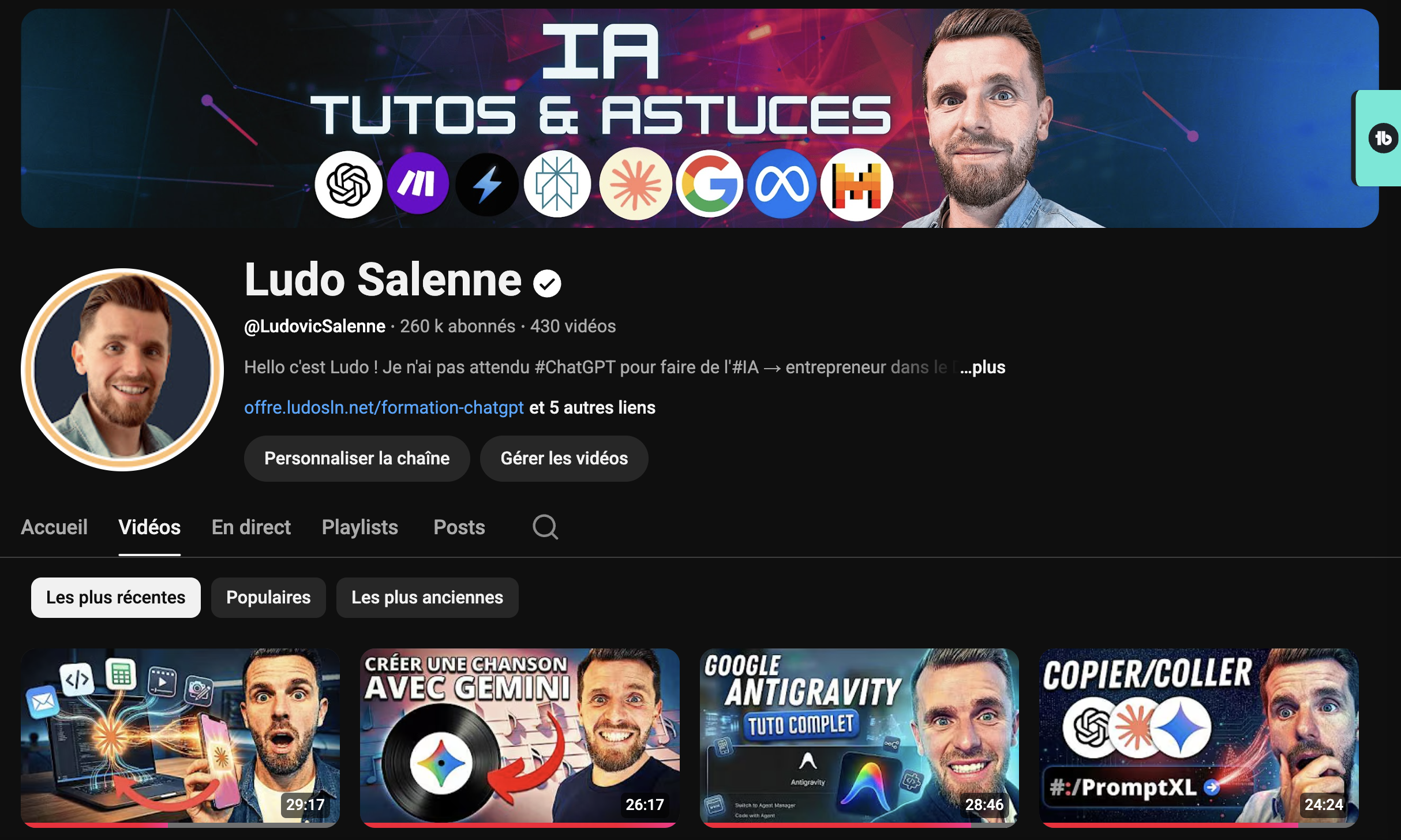 Chaîne YouTube Ludo Salenne — IA Tutos et Astuces