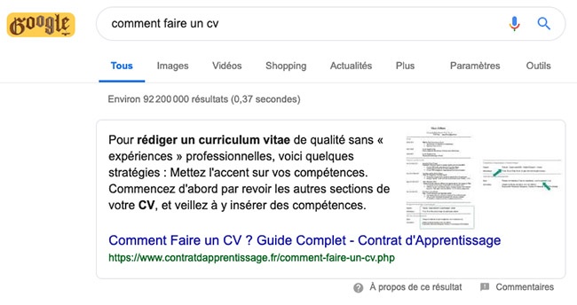 Un exemple de featured snippet ou "résultat 0" sur Google