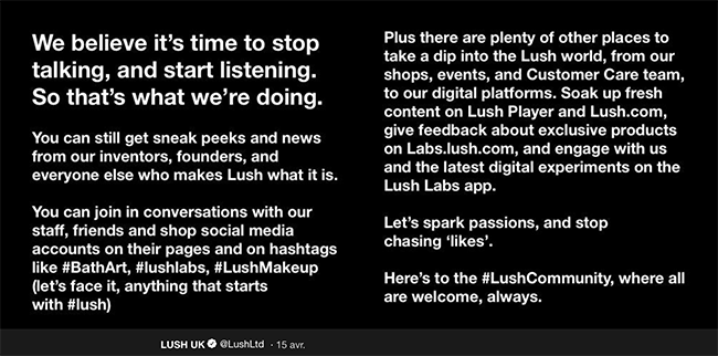 Lush communique sur les réseaux sociaux autrement