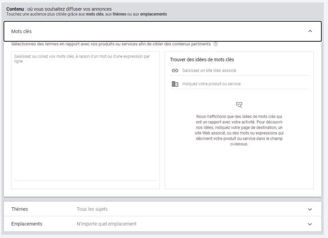Les options de mots-clés, thèmes et emplacements pour les publicités YouTube