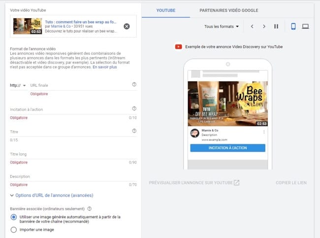 L'interface de sélection de la vidéo publicitaire YouTube