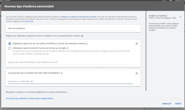 Paramétrer une audience personnalisée pour des YouTube Ads