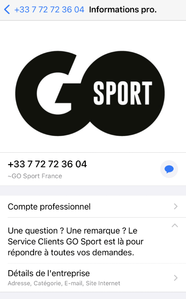 Un exemple de compte professionnel sur WhatsApp