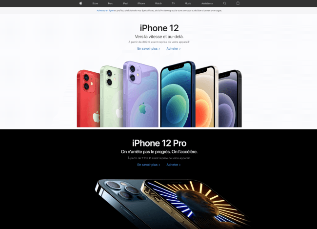 L'exemple de la page d'accueil de Apple qui mets toujours très en avant les visuels de ses produits