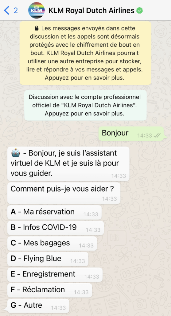 Un exemple d'utilisation de la messagerie WhatsApp par KLM