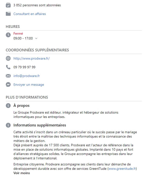 Exemple de page a propos sur Facebook chez Prodware