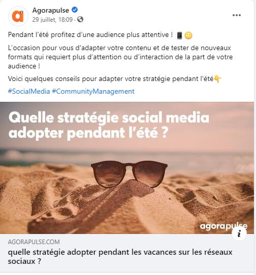 Un exemple de post Facebook epinglé chez Agorapulse