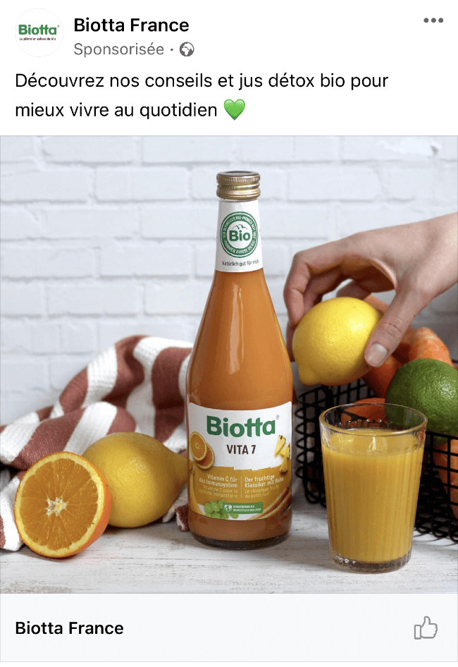 Un exemple de Facebook Ads chez Biotta France