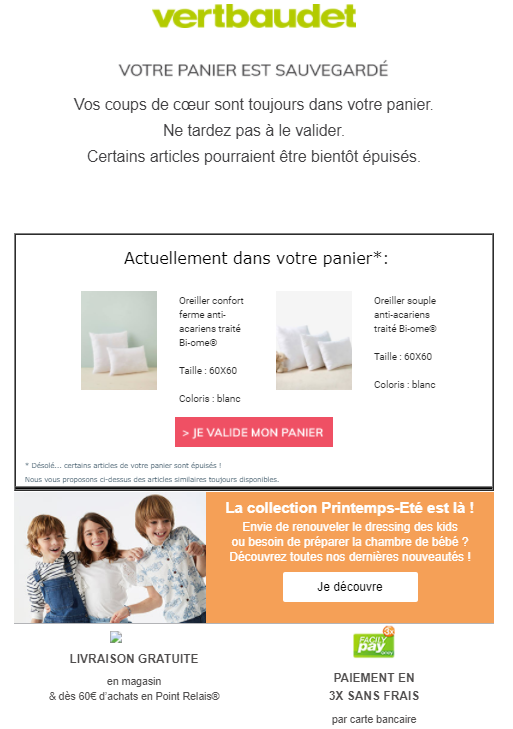 Exemple de mail de relance chez Vertbaudet