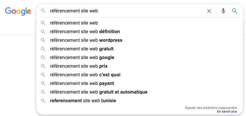 un exemple de suggestion de requêtes dans la barre de recherche