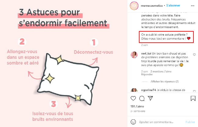 Un exemple d'incitation à commenter sur une publication Instagram