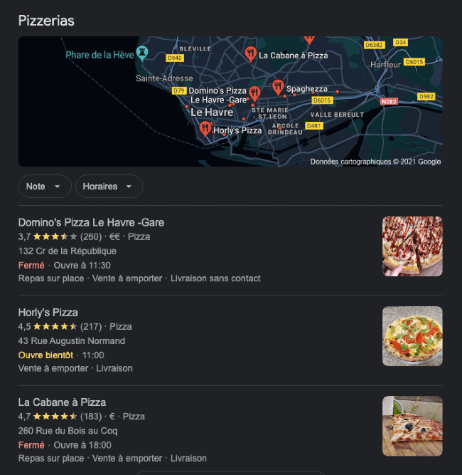 Exemple d'un résultat de recherche local avec le Local Pack Google My Business