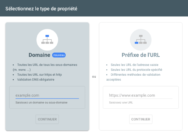 L'interface présentant les 2 choix de propriété sur Google Search Console