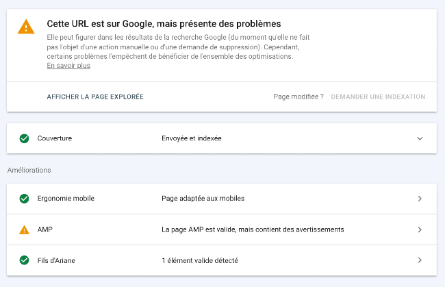 Le rapport d'inspection de l'URL sur Google Search Console