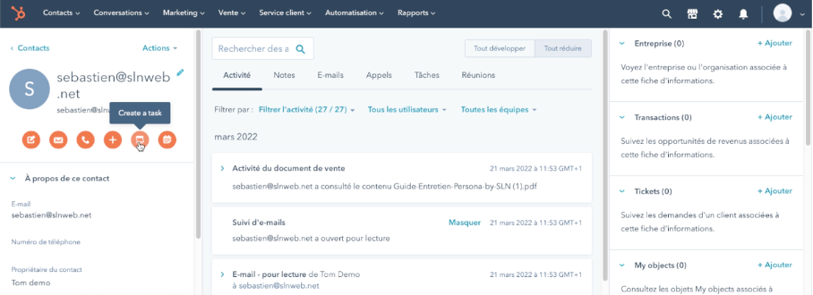 creer un tache dans la fiche contact du crm hubspot