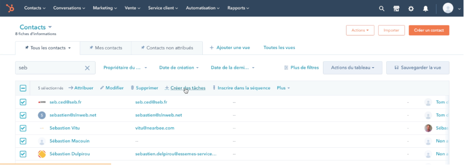 creer une tache pour plusieurs contacts dans Hubspot