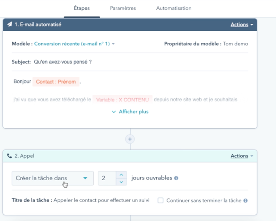 creer une tache dans les sequences hubspot