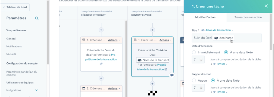 creer une tache dans hubspot depuis les transactions